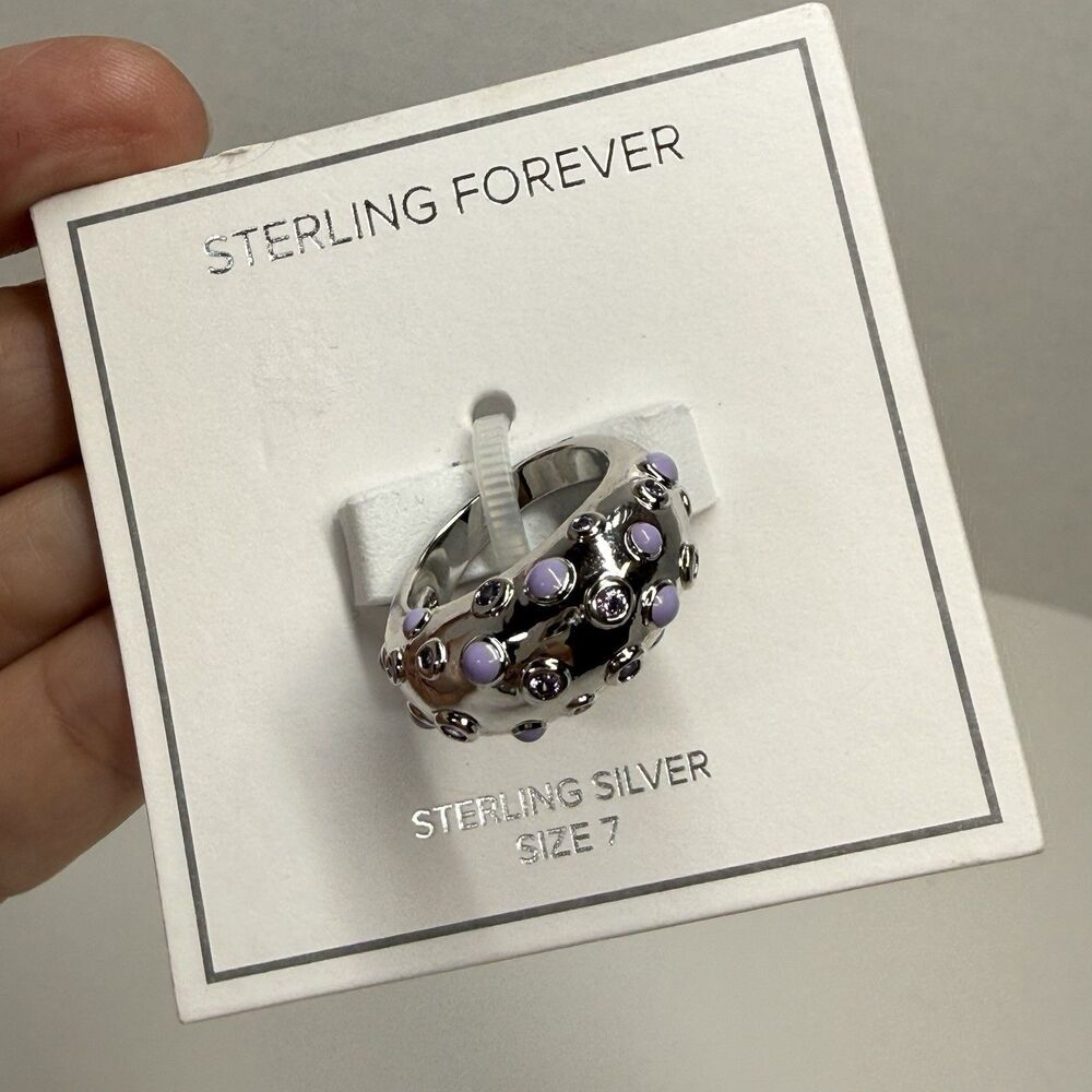 Sterling Forever Silver Lavender Enamel & Crystal Dot Dome Ring Sz 7 New